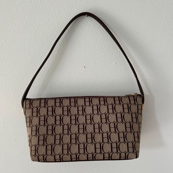 Carolina Herrera CH Monogram Insignia Brown Beige Lipstick Small Shoulder Bag - Picture 1 of 13